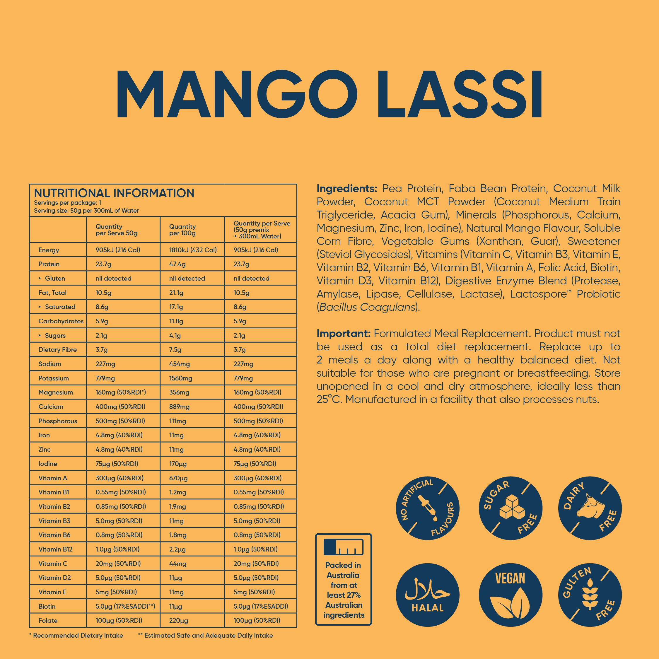 2 Single Sachets Mango Lassi - Daily Shake - Premium Meal Replacement Shakes