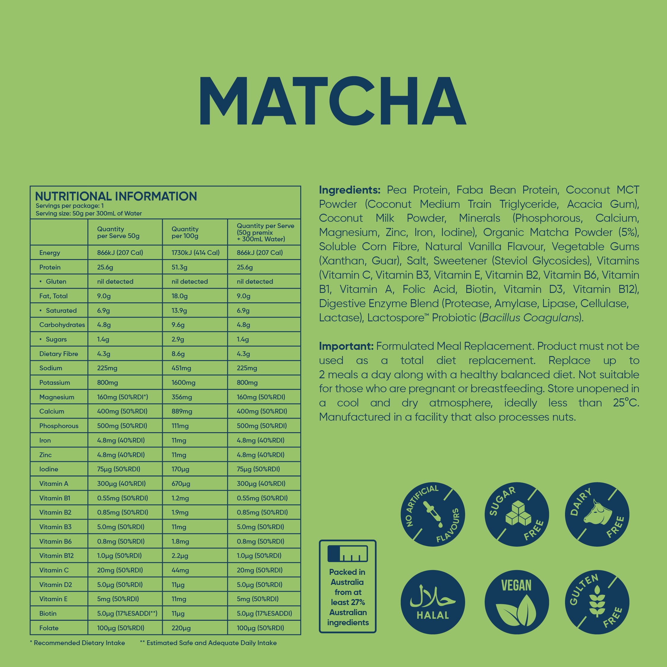 2 Single Sachets Matcha - Daily Shake - Premium Meal Replacement Shakes