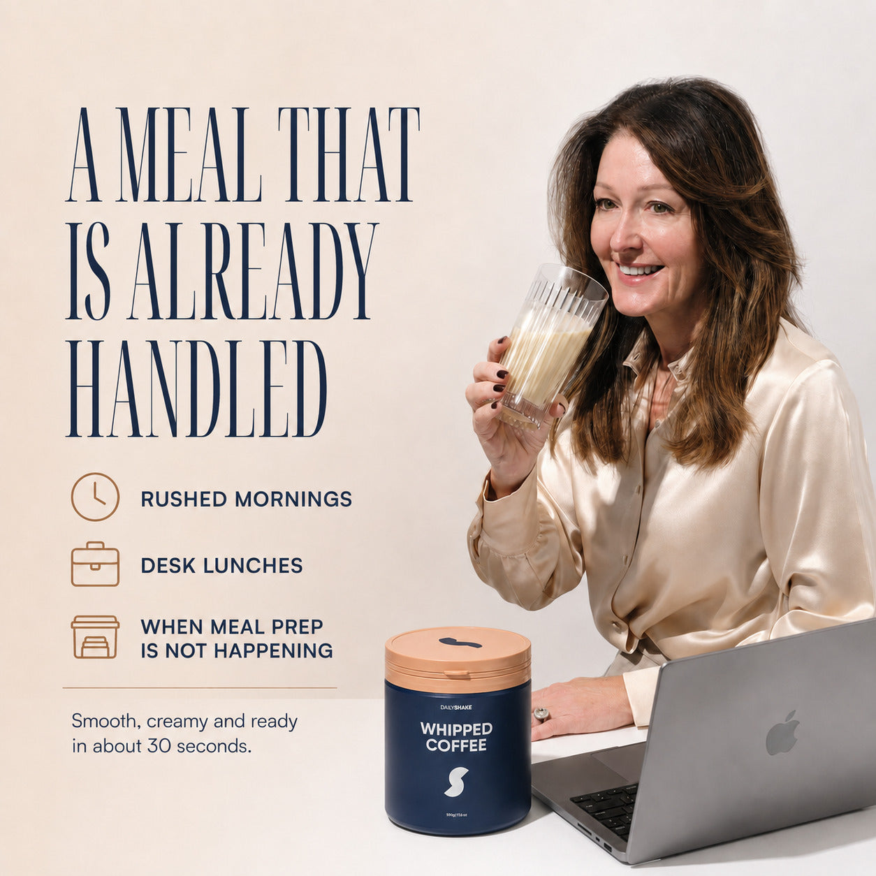 Woman enjoying Daily Shake Whipped Coffee as a convenient meal at her desk