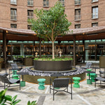 Outdoor courtyard with chairs, tables, and a tree in front of a building.