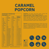 Nutritional information and ingredient list for caramel popcorn on a yellow background
