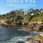 Coastal walk with houses on a cliff overlooking the ocean, featuring text about a group of women walking.