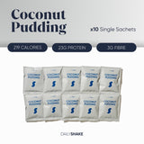 A pack of ten single sachet servings of Coconut Pudding by Daily Shake, displaying the product name, calories, protein, and fiber content.