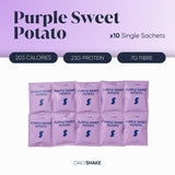 A pack of ten single sachets labeled 'Purple Sweet Potato' with nutritional information stating 203 calories, 23g protein, and 7g fiber.