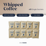 Packaging image showing x10 single sachet packs of Whipped Coffee, with nutritional information stating 203 calories, 23g protein, and 5g fibre per sachet.