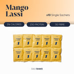 A pack of ten single sachets labeled Mango Lassi, with nutritional information indicating 216 calories, 23 grams of protein, and 3 grams of fiber.