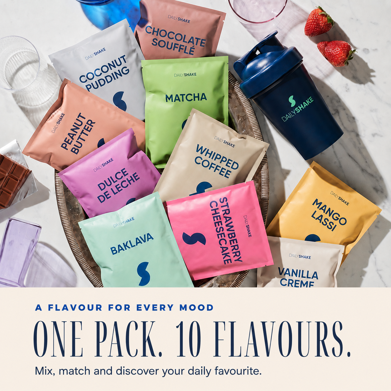 Daily Shake Multi Flavour Sachet Pack featuring 10 meal replacement shake flavours