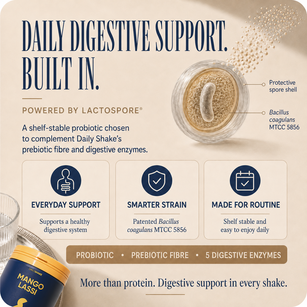 Mango Lassi Daily Shake digestive support with LactoSpore probiotic, prebiotic fibre and five digestive enzymes