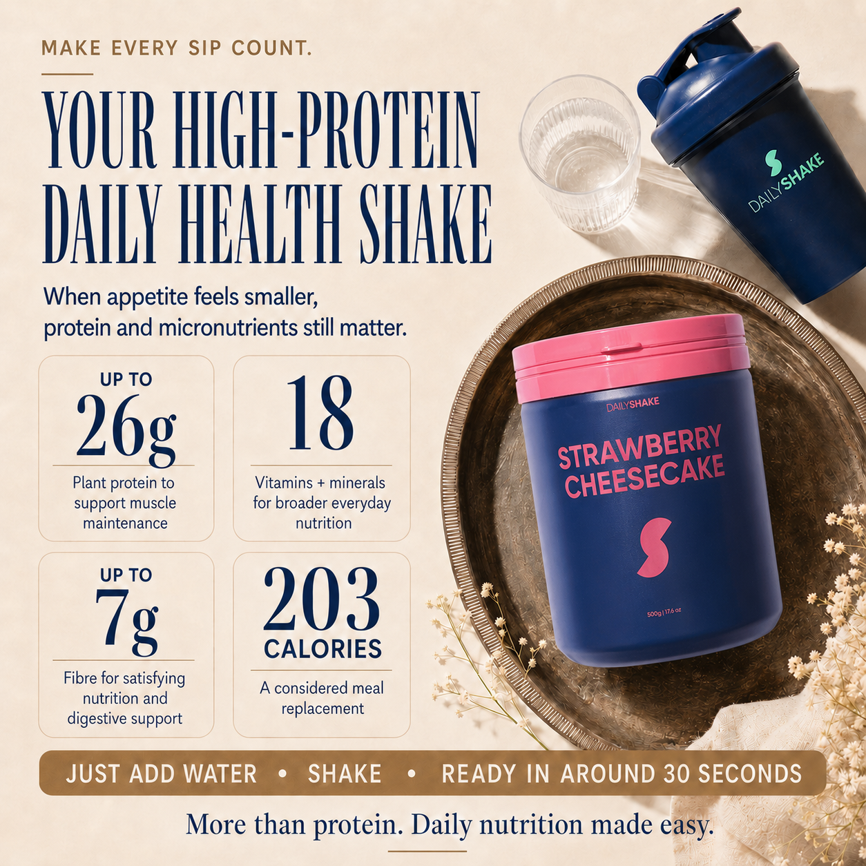 Strawberry Cheesecake Daily Shake high-protein daily health shake with vitamins, minerals and fibre