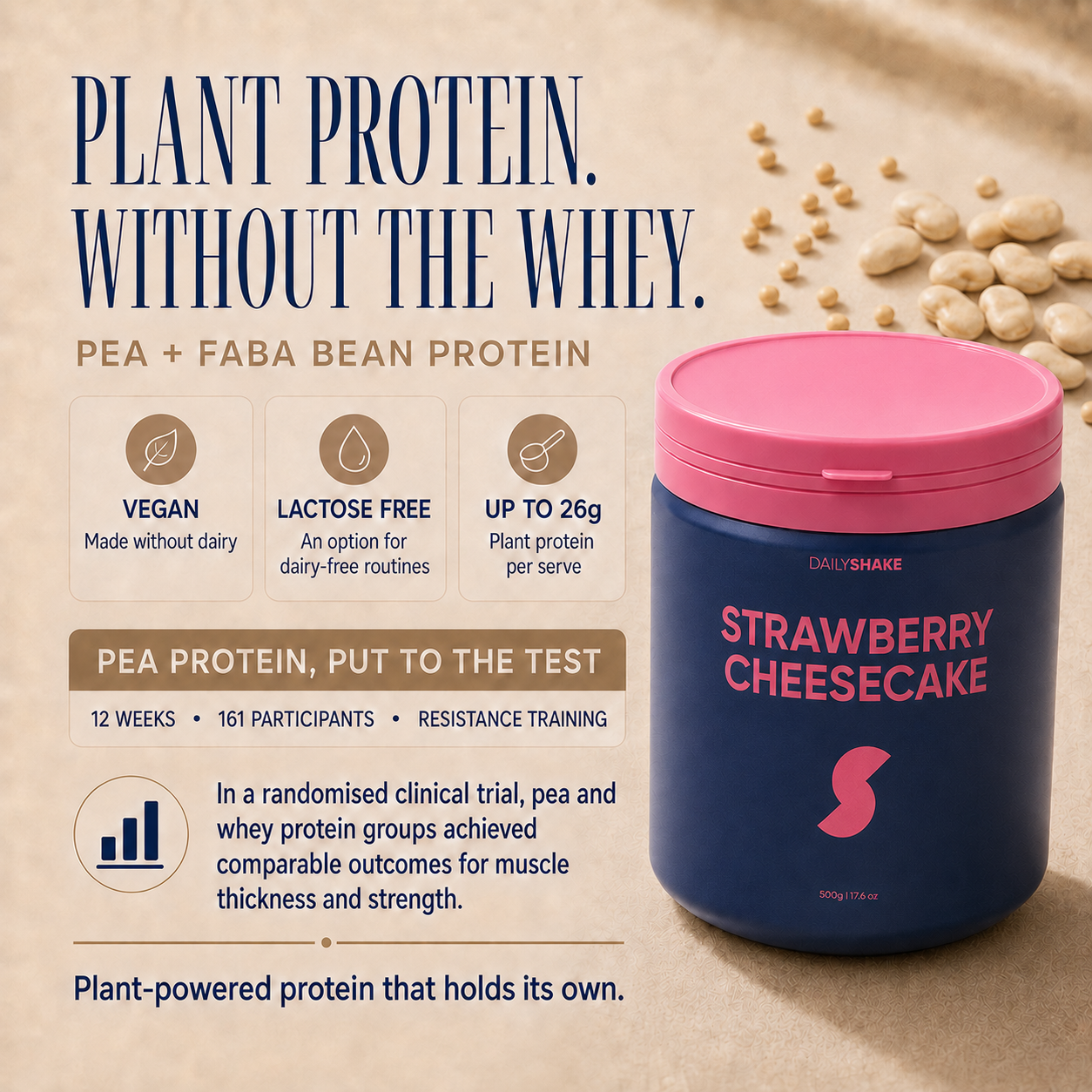 Strawberry Cheesecake Daily Shake plant protein with pea and faba beans, vegan and lactose free